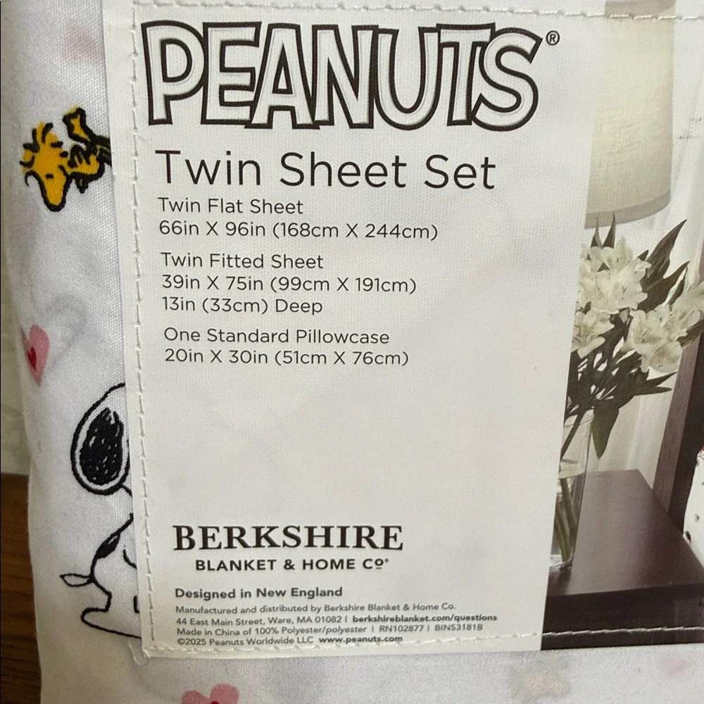 Peanuts Snoopy and Woodstock white, pink, yellow, black and red Twin Sheet Set.